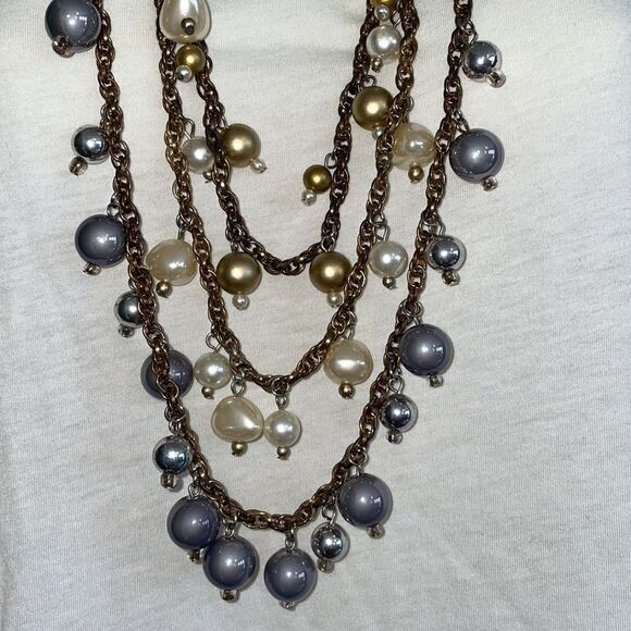 Three strand long necklace with large cream, silver & gold pearlized beads - Picture 2 of 4